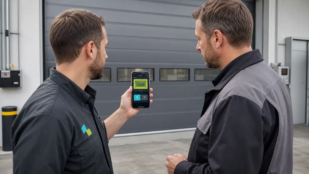 An app developer and a facilities manager review a gate-control PWA on a smartphone in front of a closed industrial gate