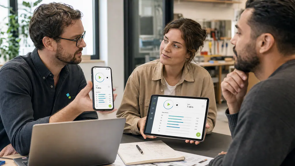 Three professionals discuss a responsive time-tracking PWA shown on a smartphone and tablet
