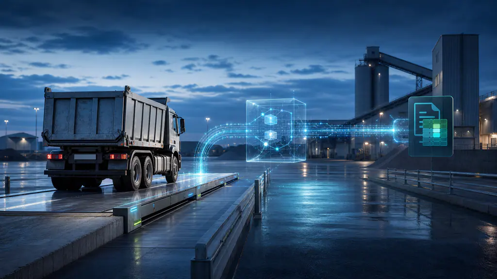 Repräsentativer ungebrandeter Lastwagen auf einer Fahrzeugwaage mit Middleware- und Abrechnungsmodul