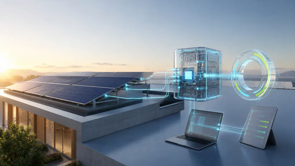 Representative solar array connected to configuration, optimisation, website and time-tracking modules