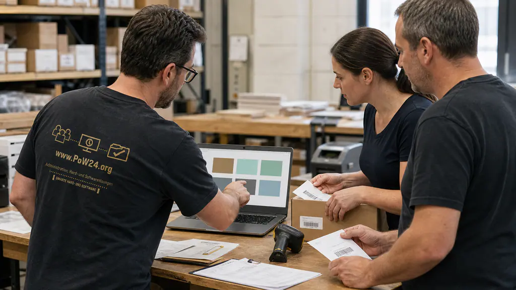 PoW24 consultant tests an AI-assisted demo workflow with employees at an operational workstation