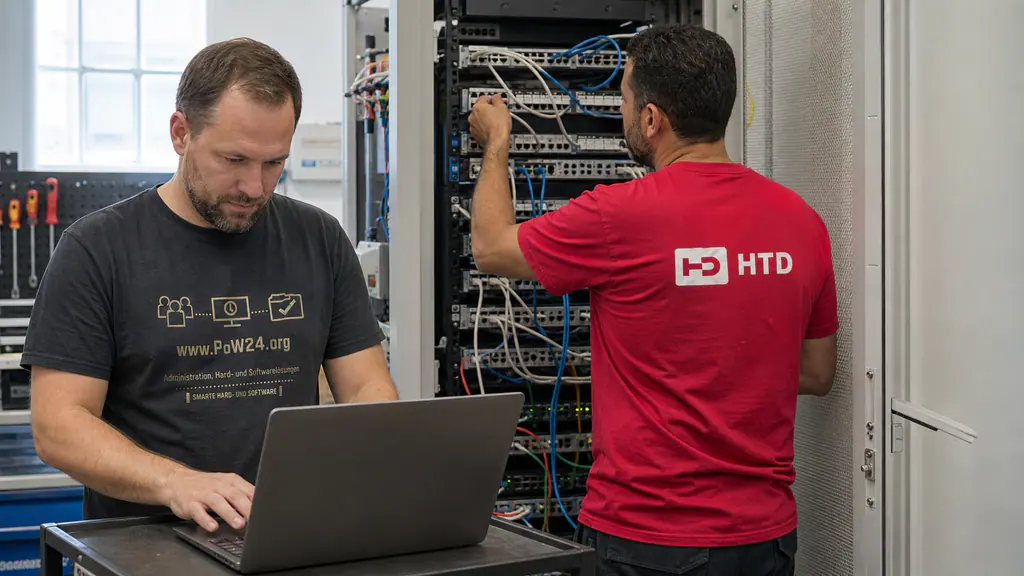 Two IT specialists in coordinated PoW24 and client clothing work together on a network cabinet