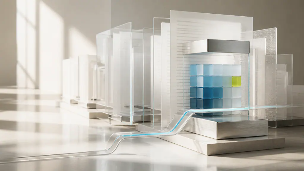 Abstrakte transparente Dokument- und Datenarchitektur als Symbol für nachvollziehbare Verantwortung