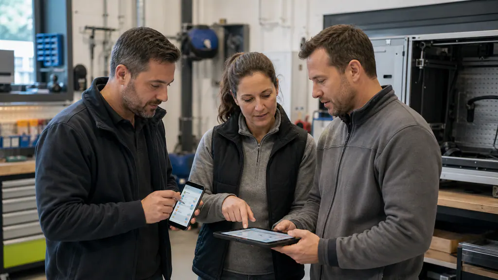 Three specialists test a mobile workflow together on a smartphone and tablet in a neutral workshop