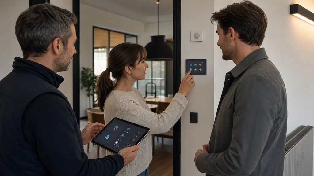 Ein Automationsspezialist und zwei Gebäudenutzer testen eine lokale Raumsteuerung gemeinsam an Tablet und Wandbedienung