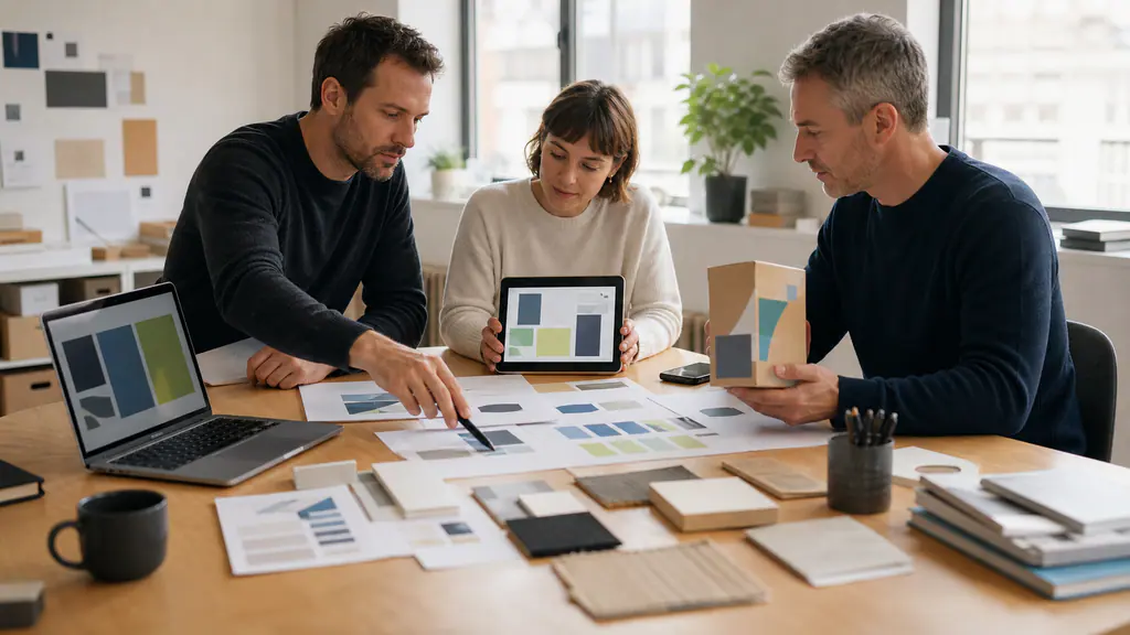 A designer and two business stakeholders review an abstract brand system across materials, packaging, tablet and laptop