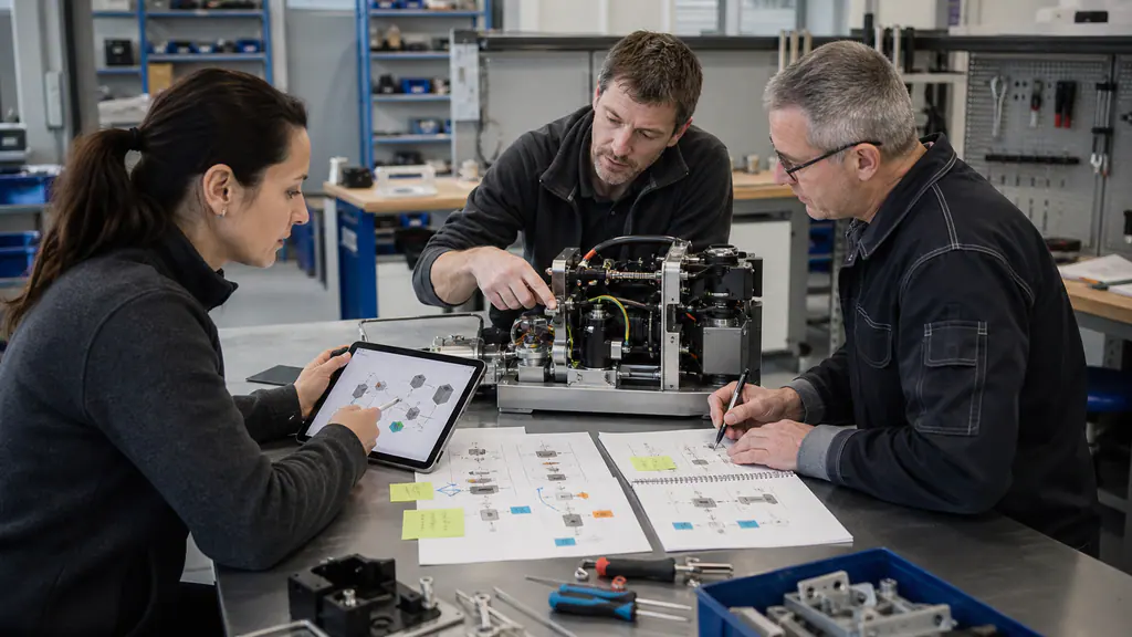 A technical writer, engineer and service technician compare a neutral assembly with tablet instructions and diagrams