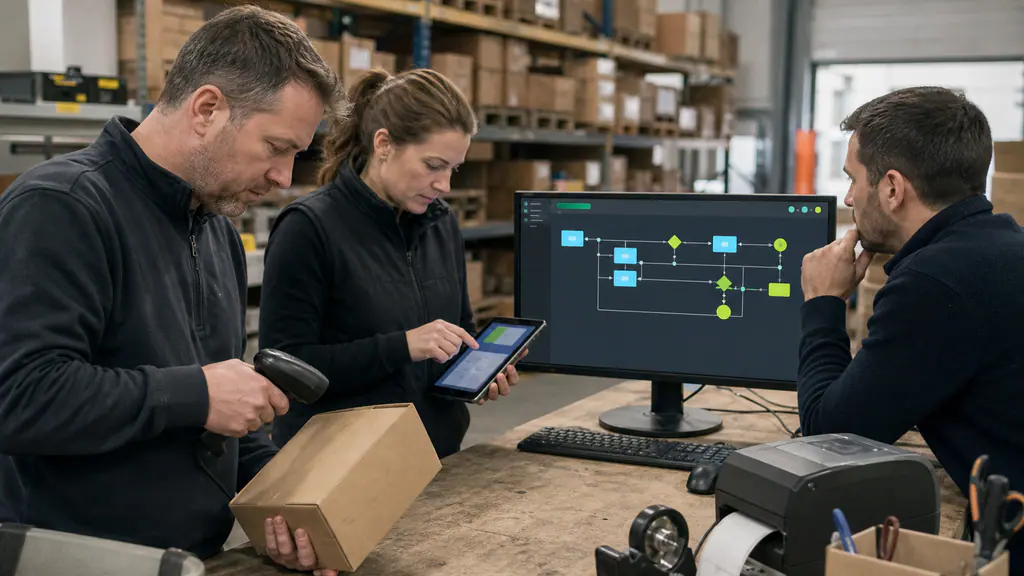 Three specialists test a connected workflow with a scanner, tablet and workstation in a neutral dispatch area