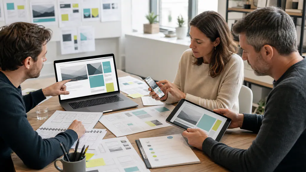 Ein Webdesigner und zwei Fachverantwortliche prüfen einen Mobile-First-Entwurf gemeinsam auf Laptop, Tablet und Smartphone