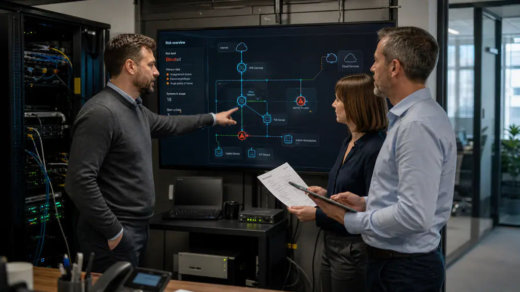 An IT security specialist prioritises risks with two company staff around a neutral network model