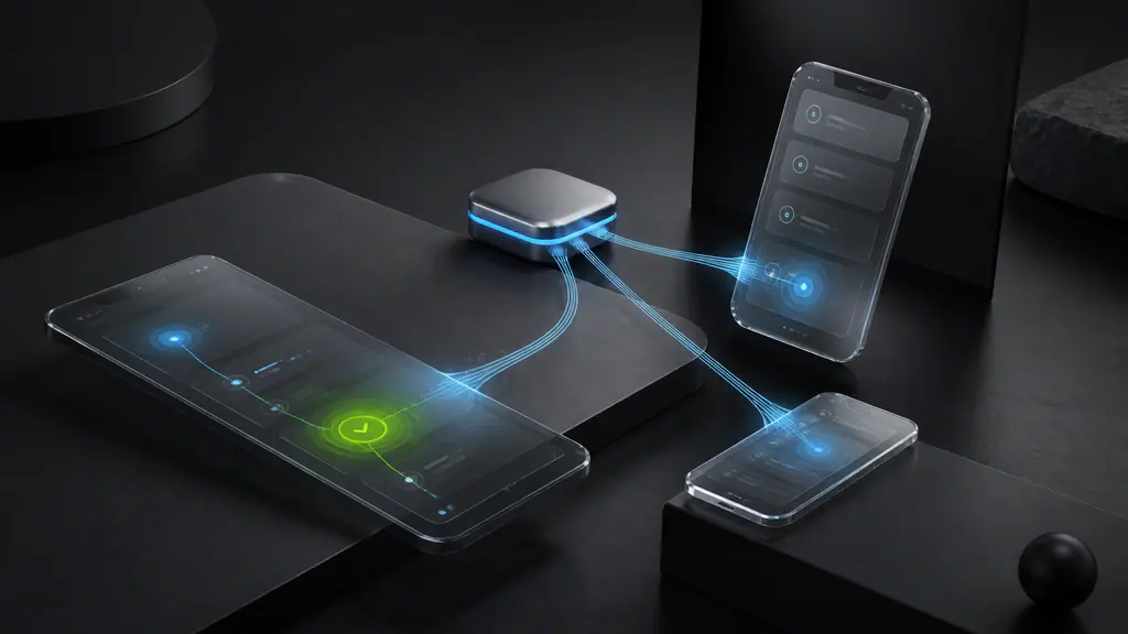 Three unbranded device surfaces connect to one shared application core
