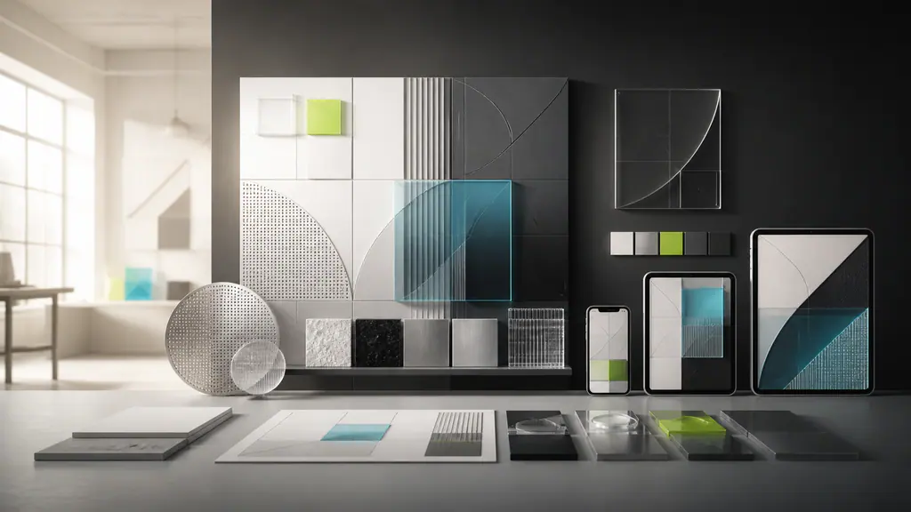 Modular design system made from a grid, material samples and responsive surfaces