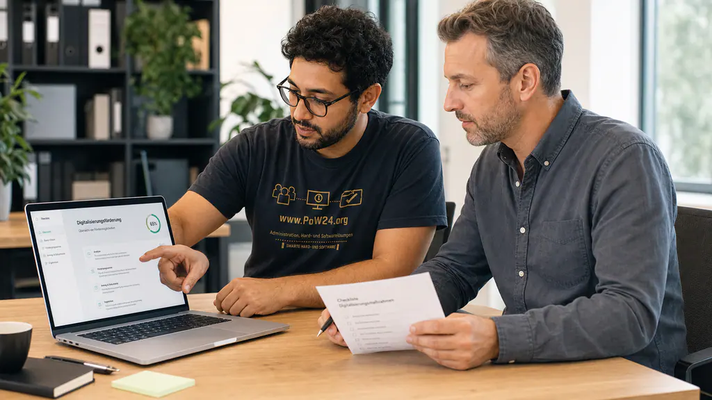 Inszenierte redaktionelle Darstellung eines PoW24-Beraters, der mit einem Unternehmer technische Unterlagen für einen Digitalisierungsantrag vorbereitet