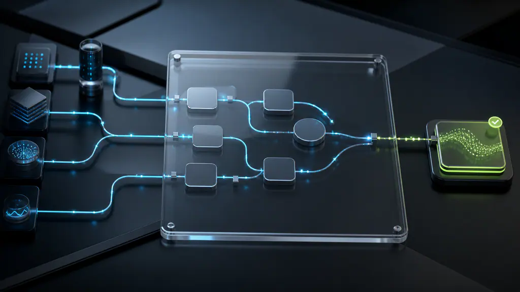 Data sources and workflows flow through a dynamic application to a clear outcome