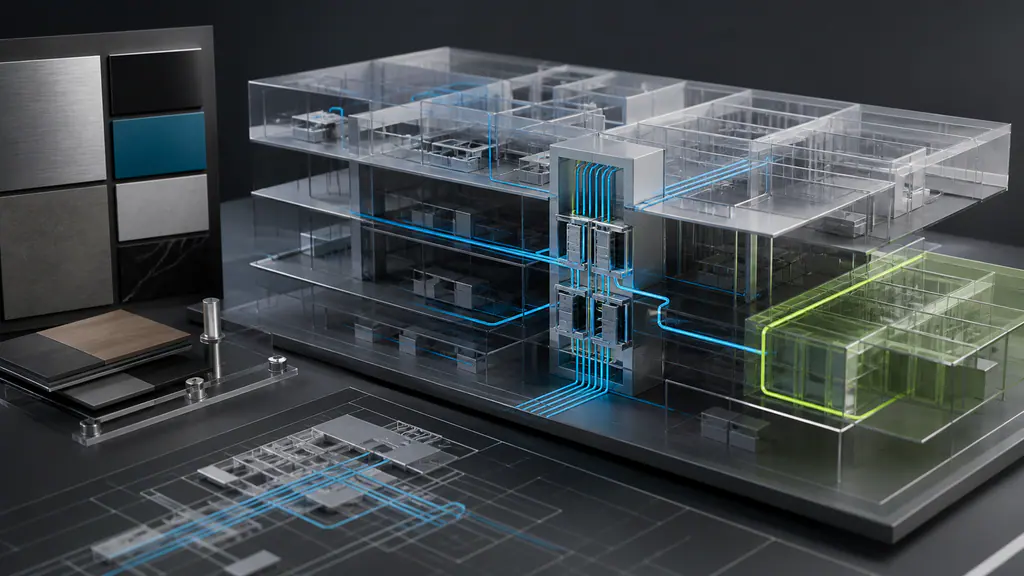 Transparent building model with precisely planned infrastructure routes and room to expand