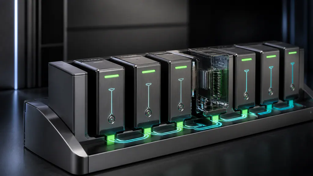 Ordered operational modules sit in a maintenance rail with controlled status signals