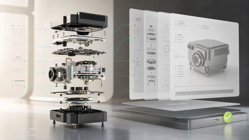 Exploded technical product assembly beside ordered documentation layers