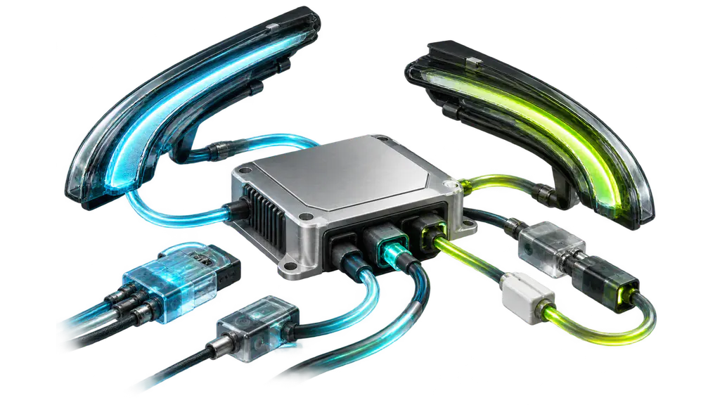 Abstrakter modularer Lichtcontroller mit cyan- und limefarbenen Lichtleitern