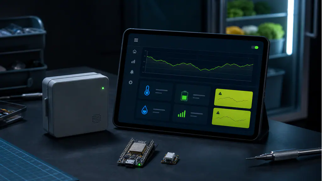 Inszenierte redaktionelle Darstellung einer ESP32-Sensoreinheit, Entwicklungsplatine und mobilen Monitoringoberfläche